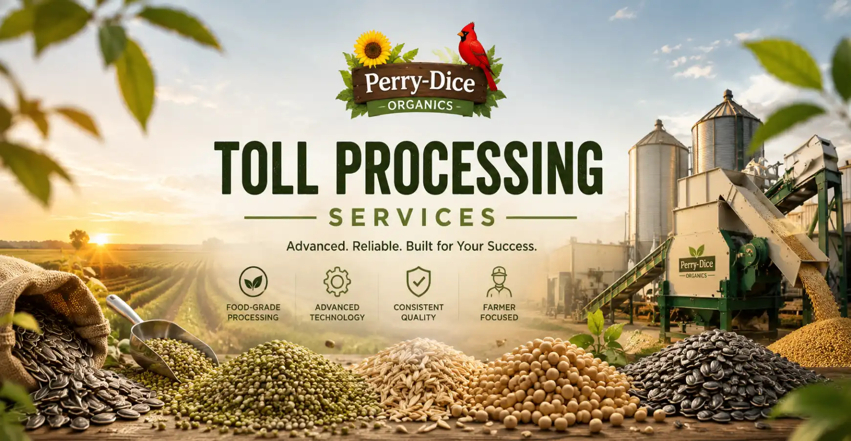 Food-grade toll processing services for grains, seeds, oilseeds, and specialty crops at Perry-Dice Organics